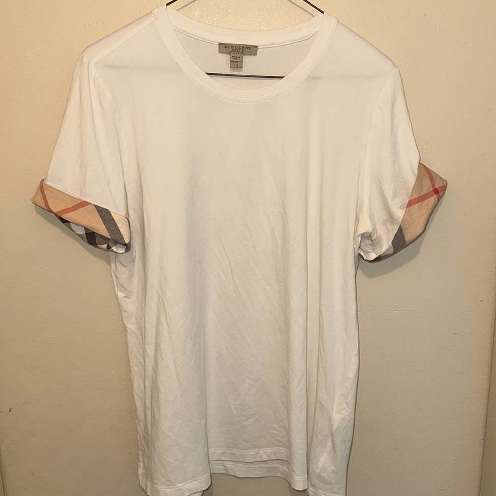 Burberry Brit women white short sleeve check cuff stretch t shirt sz XL